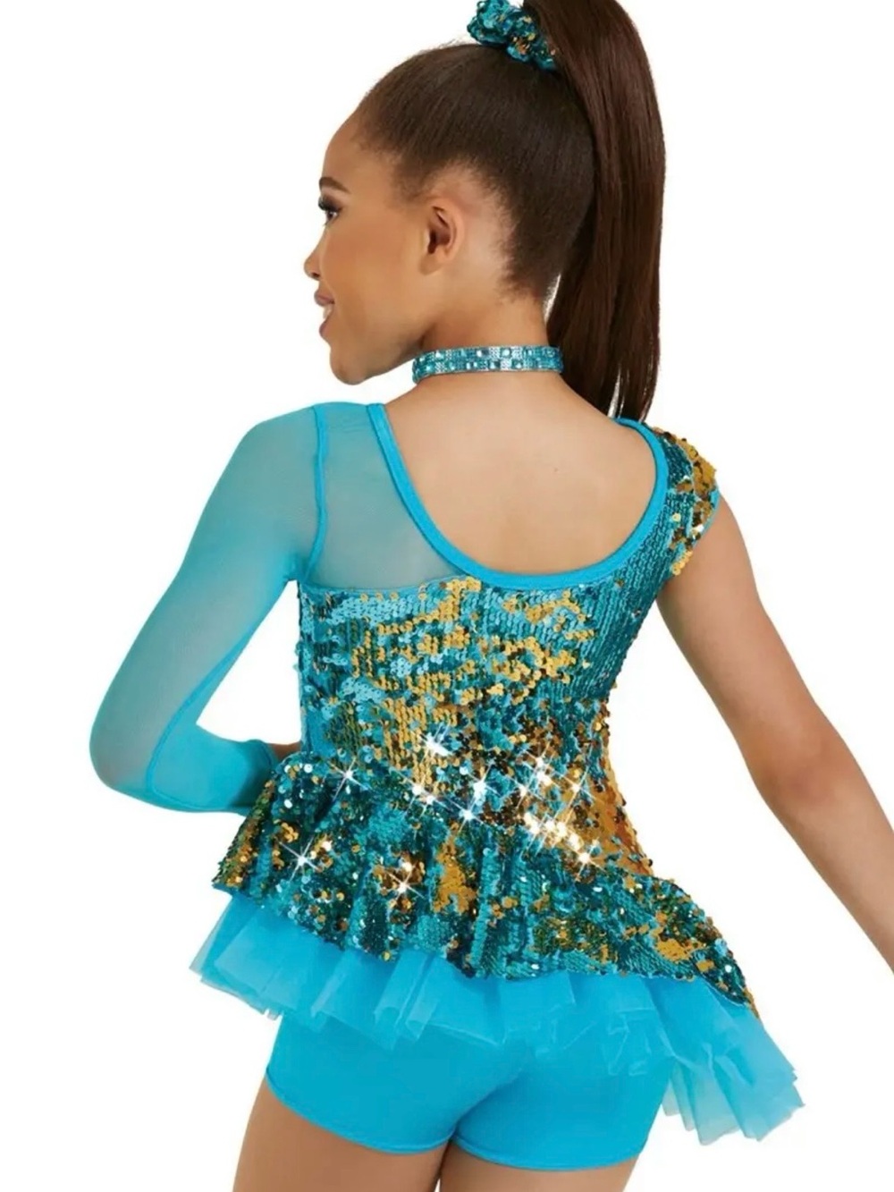 Weissman “Strut” Turquoise and Gold Sequin One-Shoulder Dance Costume - LC
